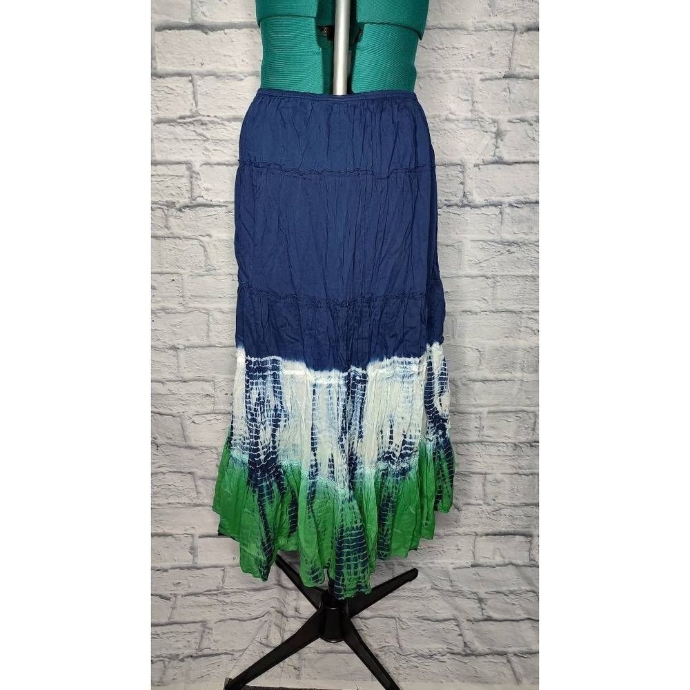 STYLE&CO. Womens Tiered Skirt Blue Green Tie Dye Midi Elastic Waist Boho L
